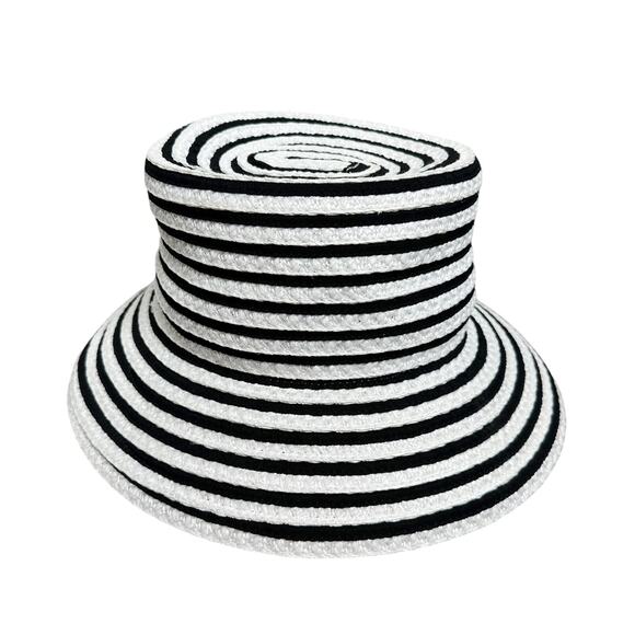 Eric Javits Braid Dame Straw Bucket Hat Black White Striped RARE PINK UPF 50+ - Picture 8 of 10